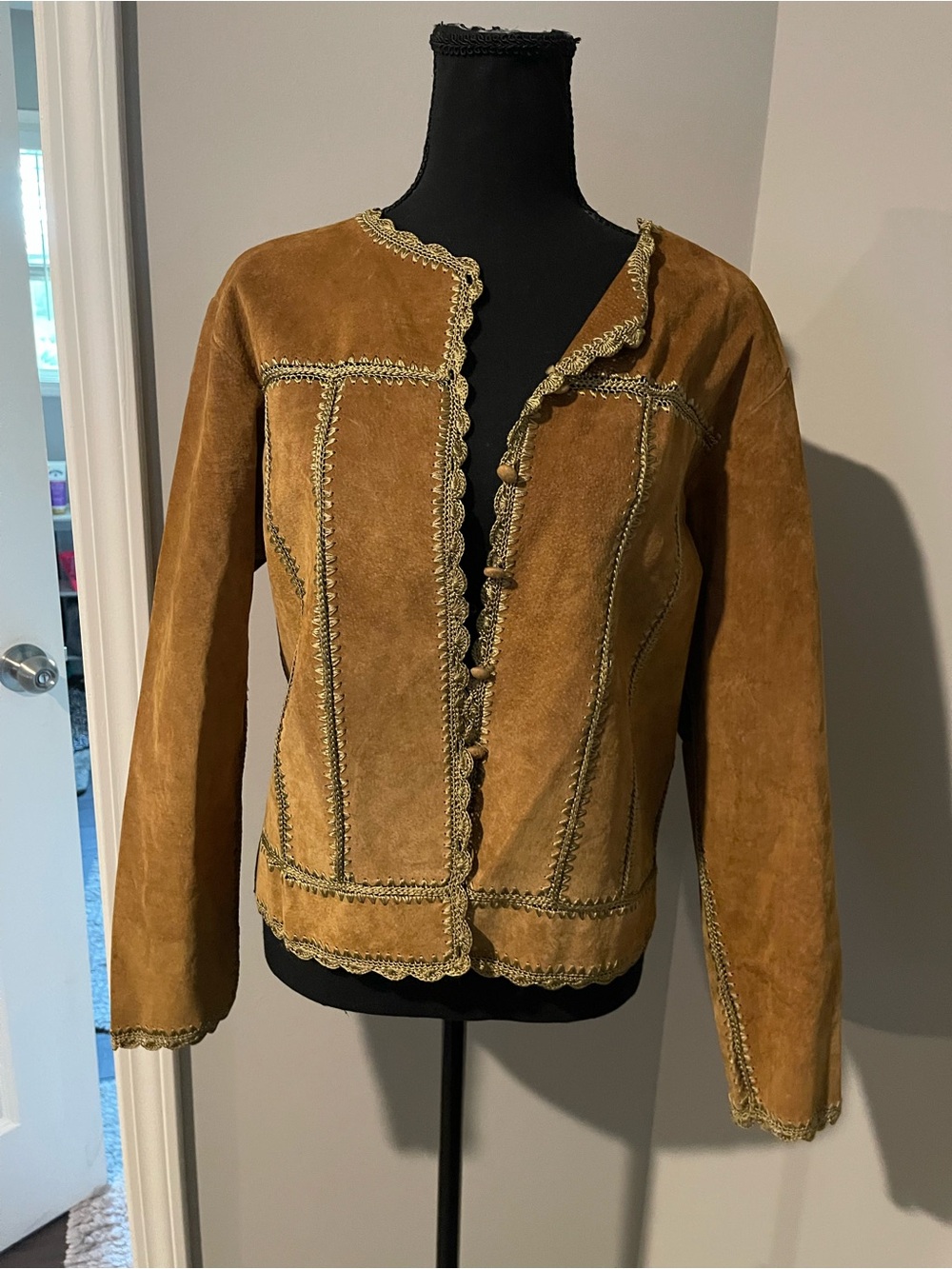 Suede Scalloped Trim Jacket in Camel
